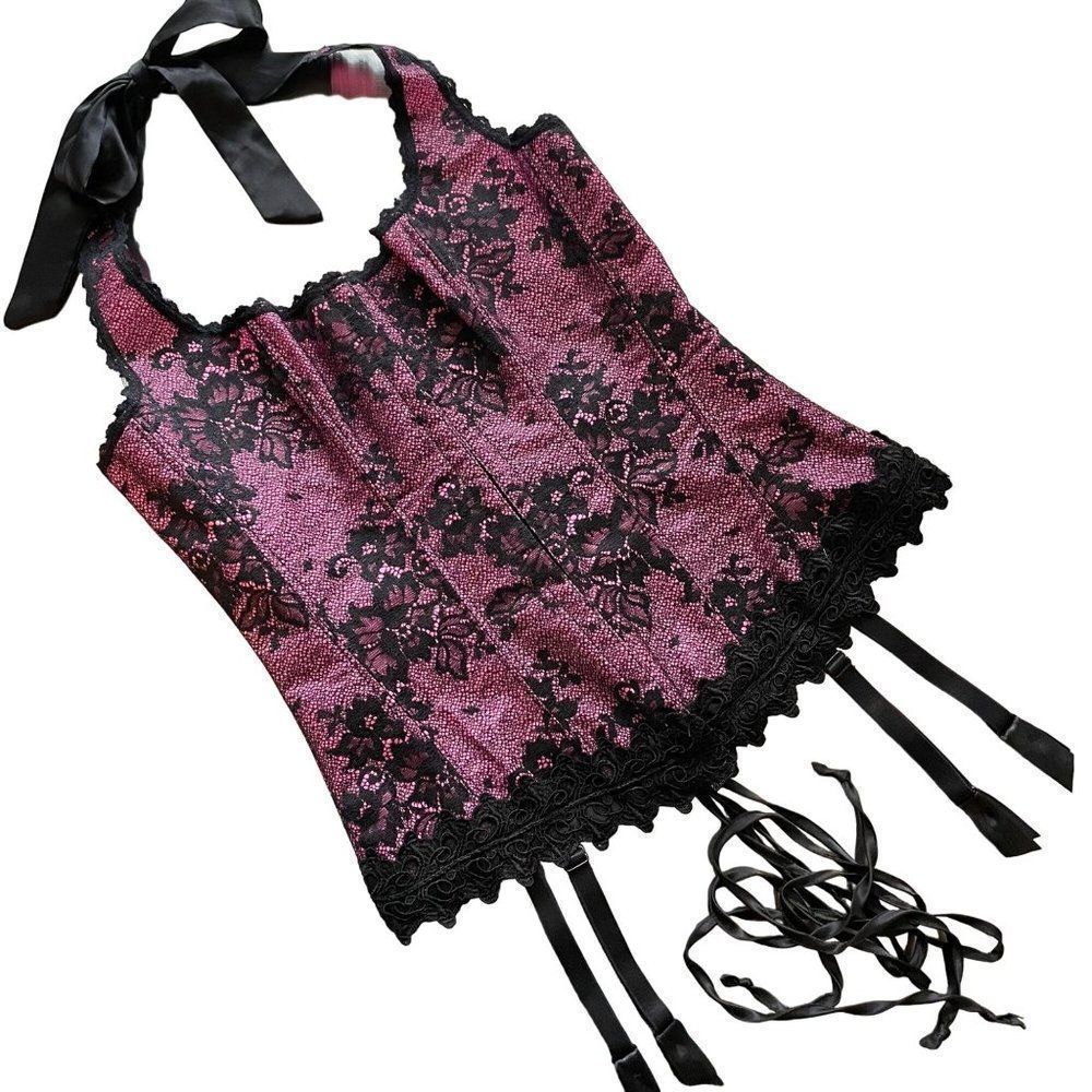 Frederick's of Hollywood Pink Satin Halter Neck Lace Up Corset with Black Lace